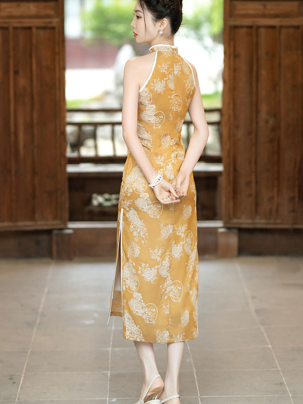 Yellow Floral Halter Cheongsam Qipao Dress