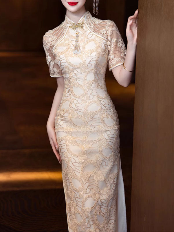 Champagne Lace Illusion Bridal Wedding Cheongsam Dress