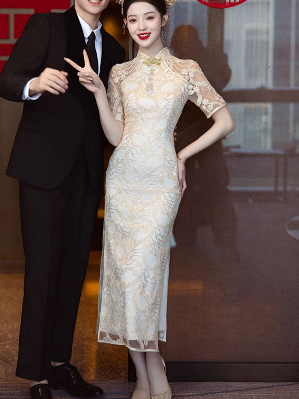 Champagne Lace Illusion Bridal Wedding Cheongsam Dress