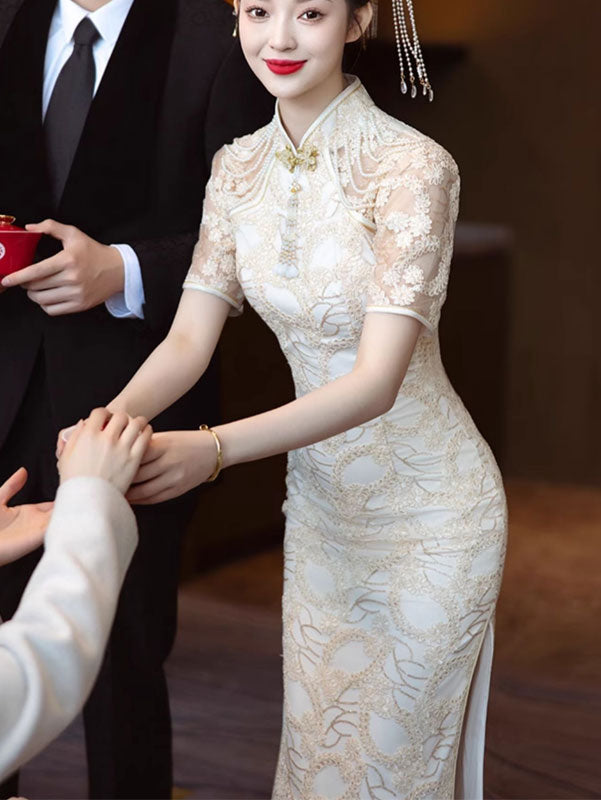 Champagne Lace Illusion Bridal Wedding Cheongsam Dress