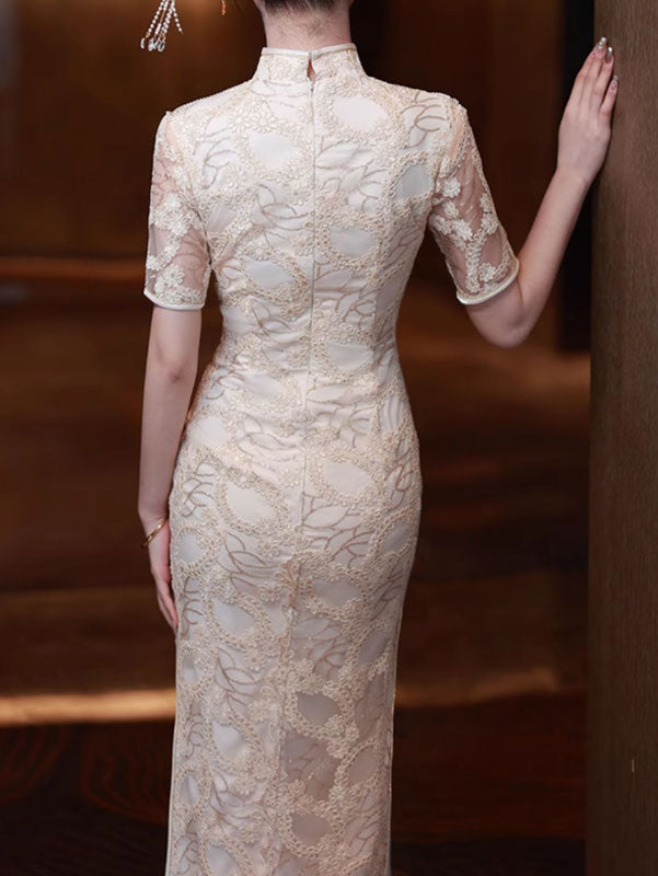Champagne Lace Illusion Bridal Wedding Cheongsam Dress