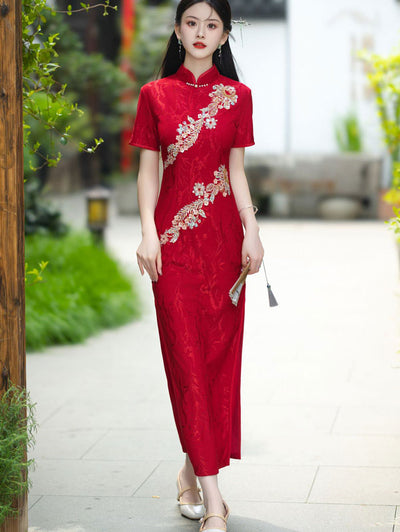 Red Jacquard Appliques Wedding Cheongsam Qipao Dress