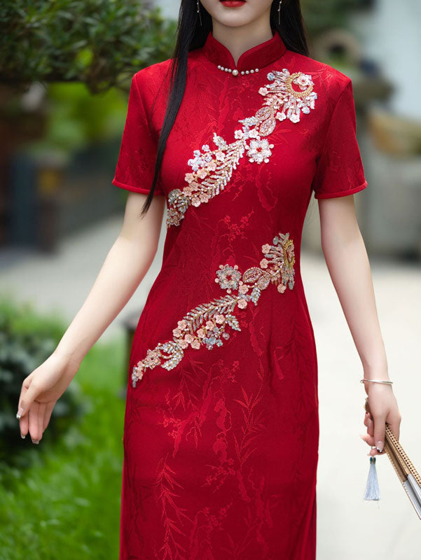 Red Jacquard Appliques Wedding Cheongsam Qipao Dress