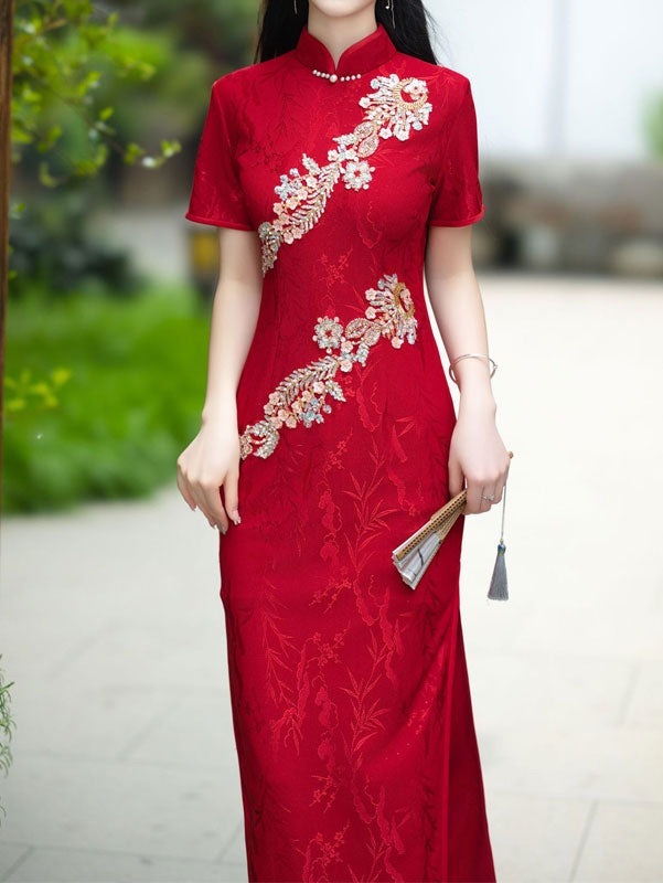 Red Jacquard Appliques Wedding Cheongsam Qipao Dress