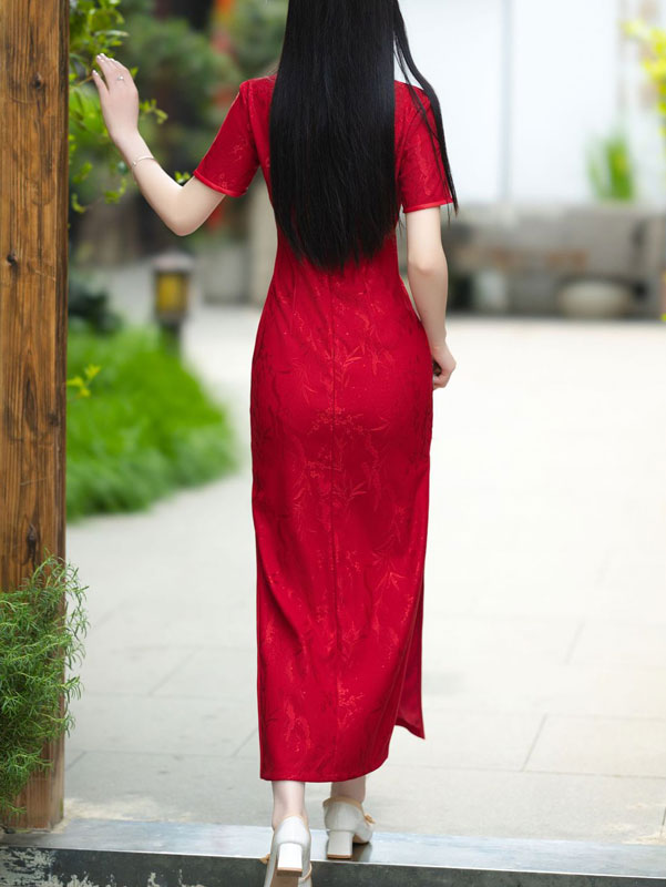 Red Jacquard Appliques Wedding Cheongsam Qipao Dress