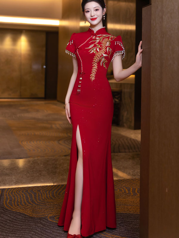 Burgundy Shimmer Appliques Fishtail Wedding Cheongsam Dress