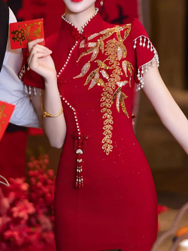 Burgundy Shimmer Appliques Fishtail Wedding Cheongsam Dress