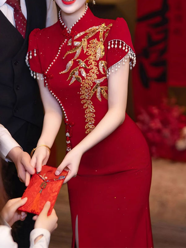 Burgundy Shimmer Appliques Fishtail Wedding Cheongsam Dress