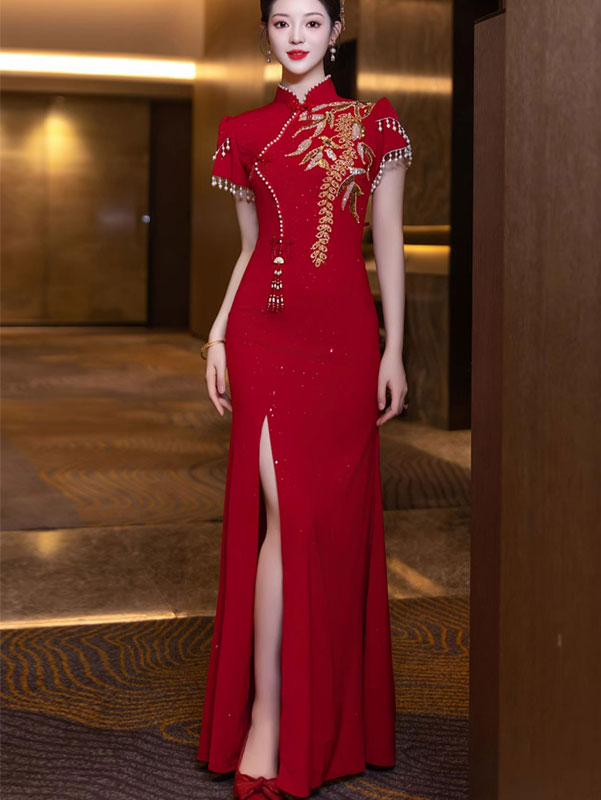 Burgundy Shimmer Appliques Fishtail Wedding Cheongsam Dress