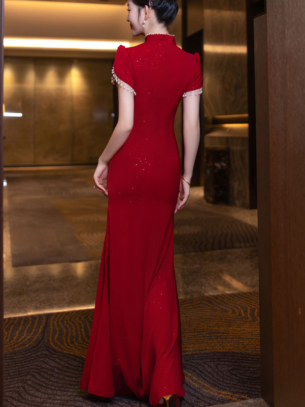 Burgundy Shimmer Appliques Fishtail Wedding Cheongsam Dress