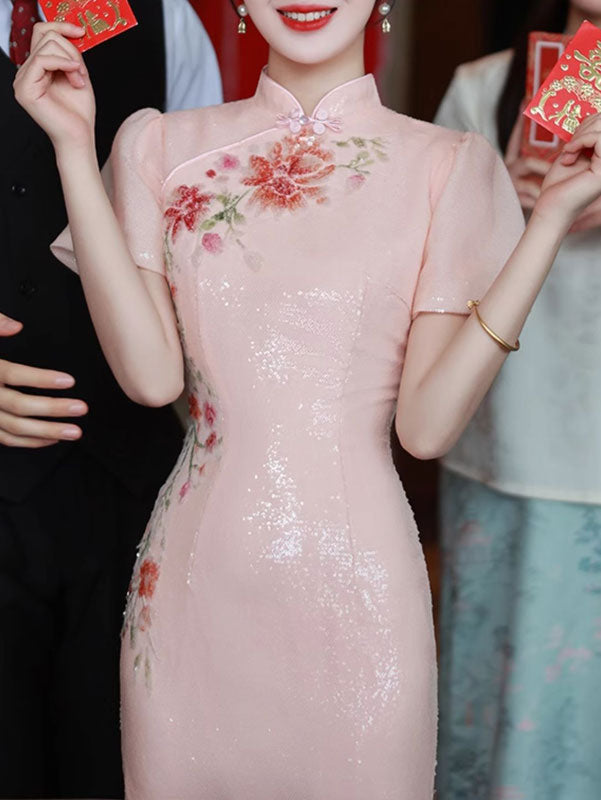 Pink Sequins Embroidered Wedding Cheongsam Qipao Dress