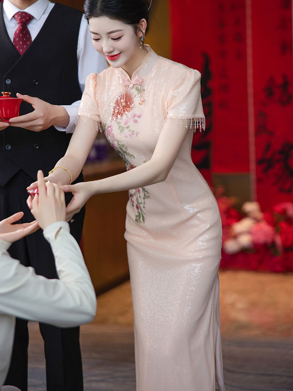 Pink Sequins Embroidered Wedding Cheongsam Qipao Dress