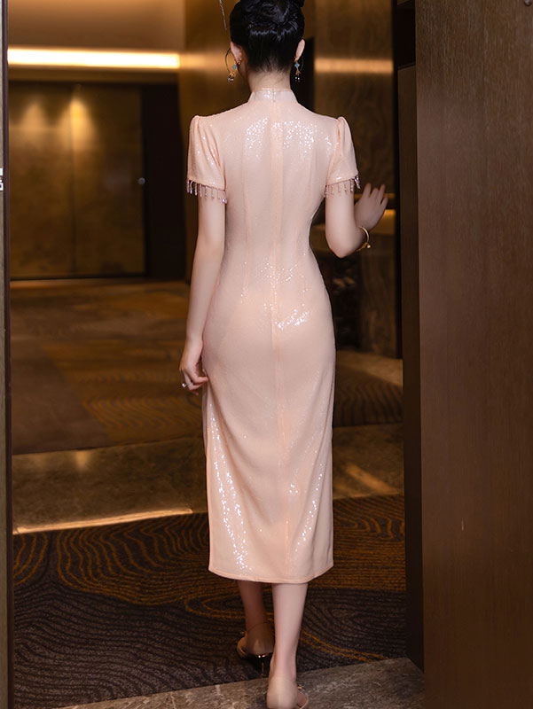 Pink Sequins Embroidered Wedding Cheongsam Qipao Dress