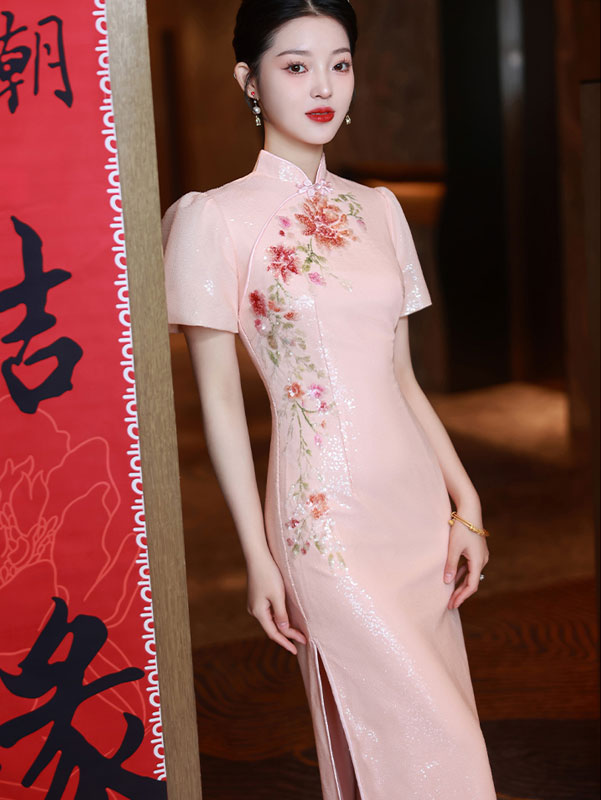 Pink Sequins Embroidered Wedding Cheongsam Qipao Dress