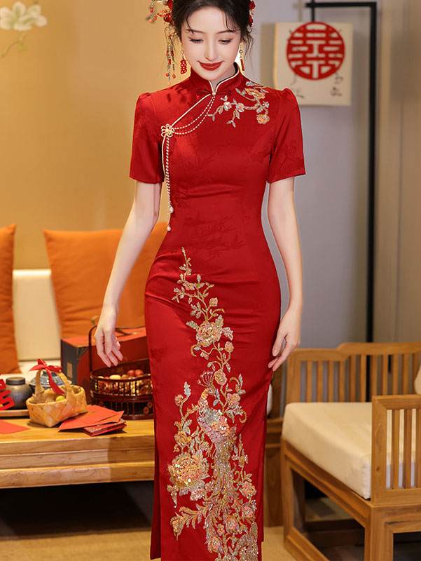 Red Sequins Phoenix Wedding Cheongsam Qipao Dress