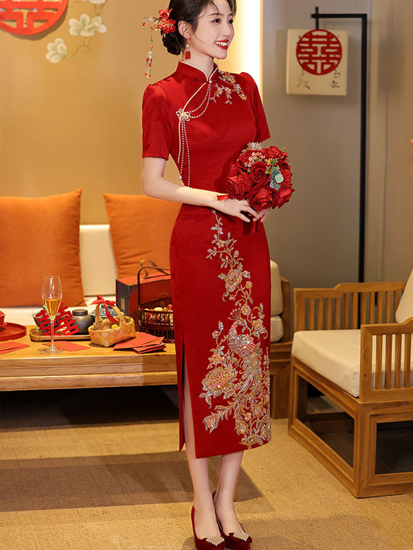 Red Sequins Phoenix Wedding Cheongsam Qipao Dress