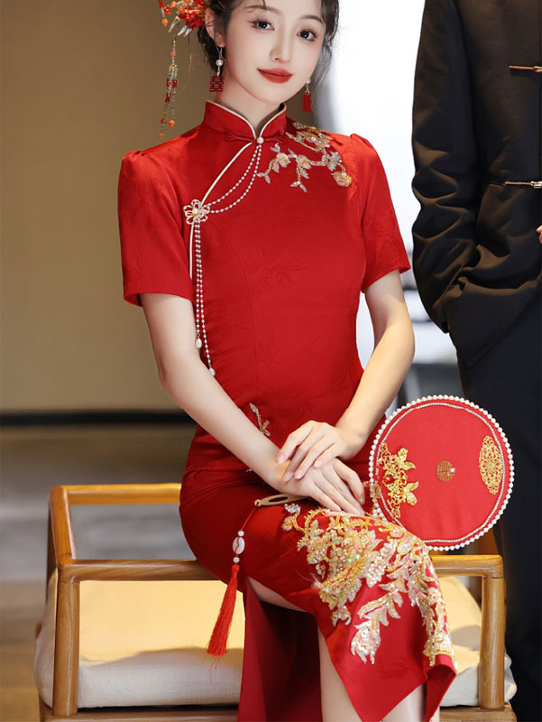 Red Sequins Phoenix Wedding Cheongsam Qipao Dress