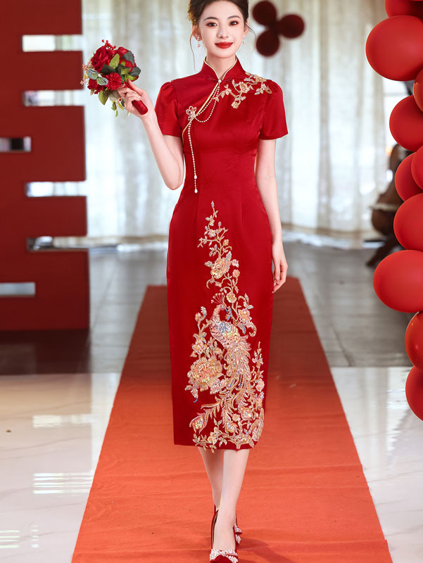 Red Sequins Phoenix Wedding Cheongsam Qipao Dress