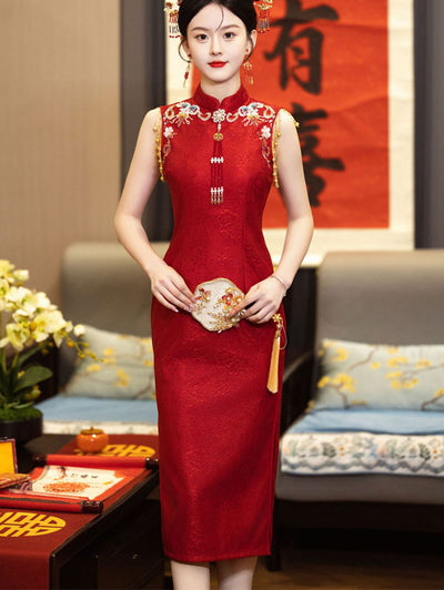 Red Lace Tassels Midi Wedding Cheongsam Qipao Dress