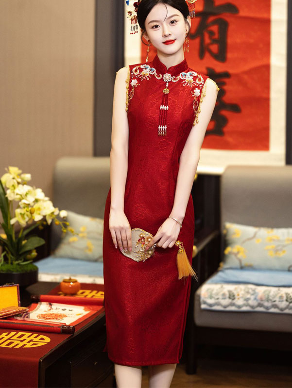 Red Lace Tassels Midi Wedding Cheongsam Qipao Dress