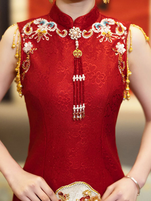 Red Lace Tassels Midi Wedding Cheongsam Qipao Dress