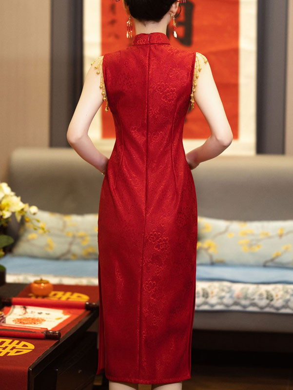 Red Lace Tassels Midi Wedding Cheongsam Qipao Dress