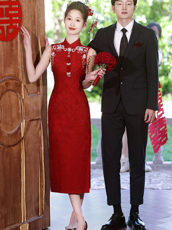 Red Lace Tassels Midi Wedding Cheongsam Qipao Dress