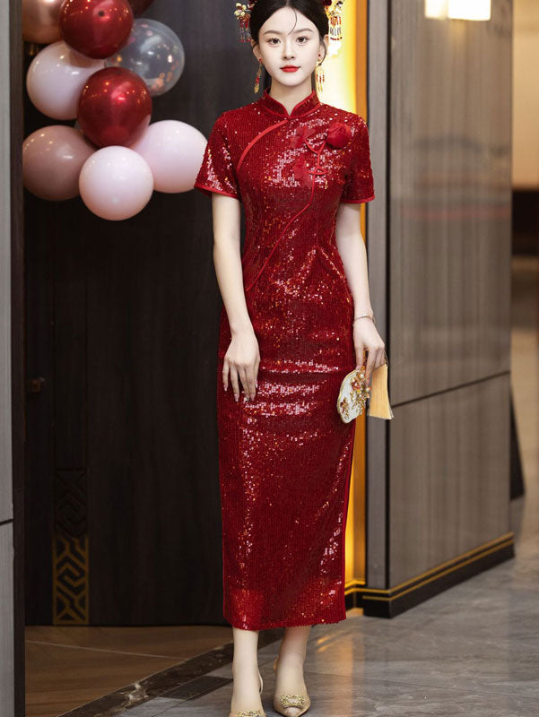 Red Sequin Appliques Cheongsam Qipao Prom Dress