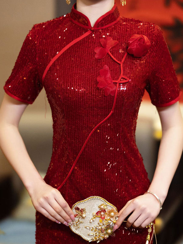 Red Sequin Appliques Cheongsam Qipao Prom Dress