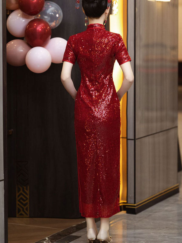 Red Sequin Appliques Cheongsam Qipao Prom Dress