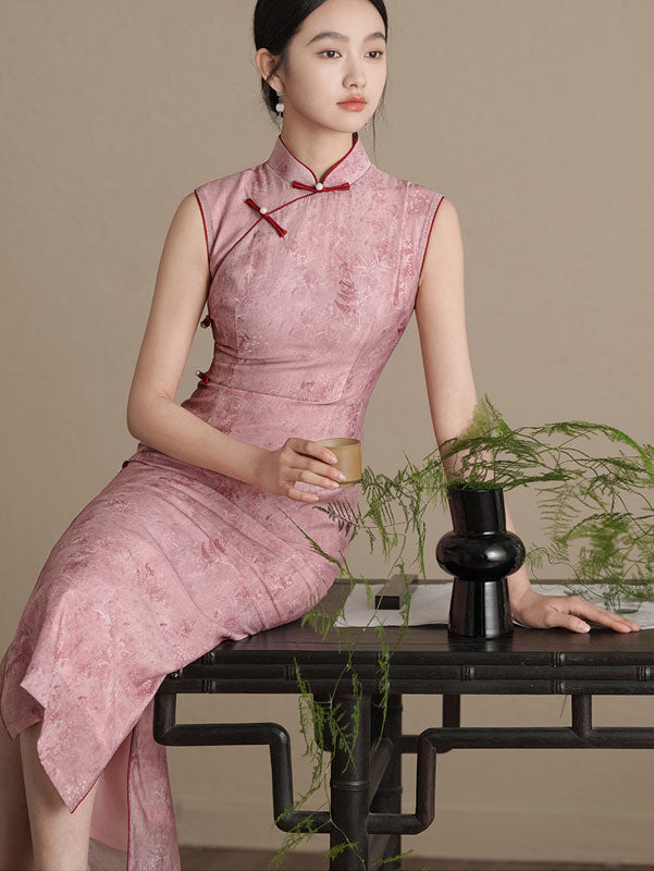 Pink Floral Sleeveless Cheongsam Qipao Dress