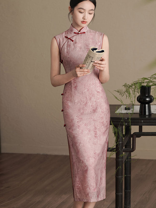 Pink Floral Sleeveless Cheongsam Qipao Dress