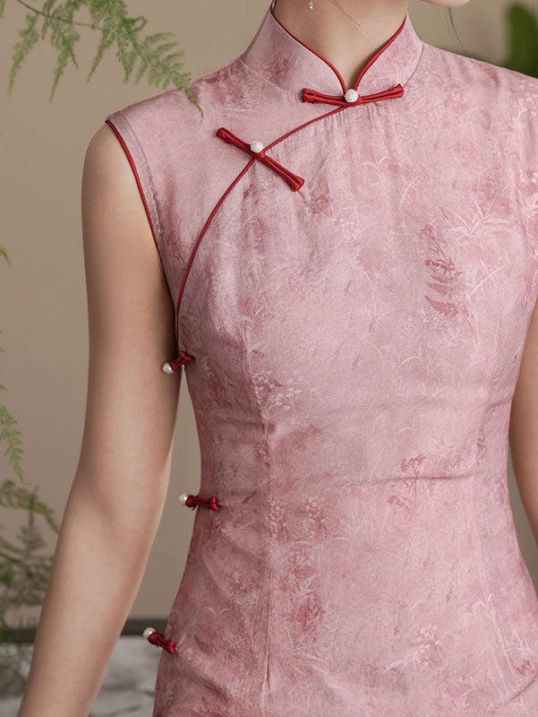 Pink Floral Sleeveless Cheongsam Qipao Dress