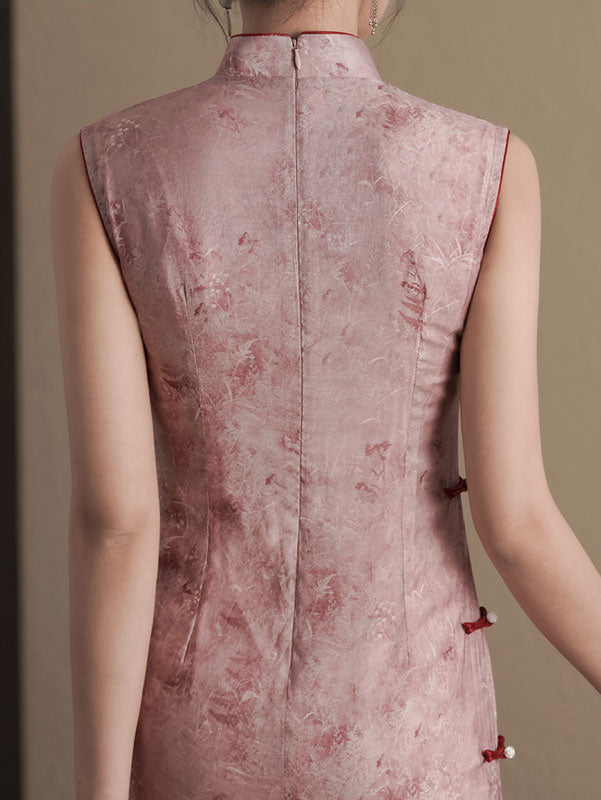 Pink Floral Sleeveless Cheongsam Qipao Dress
