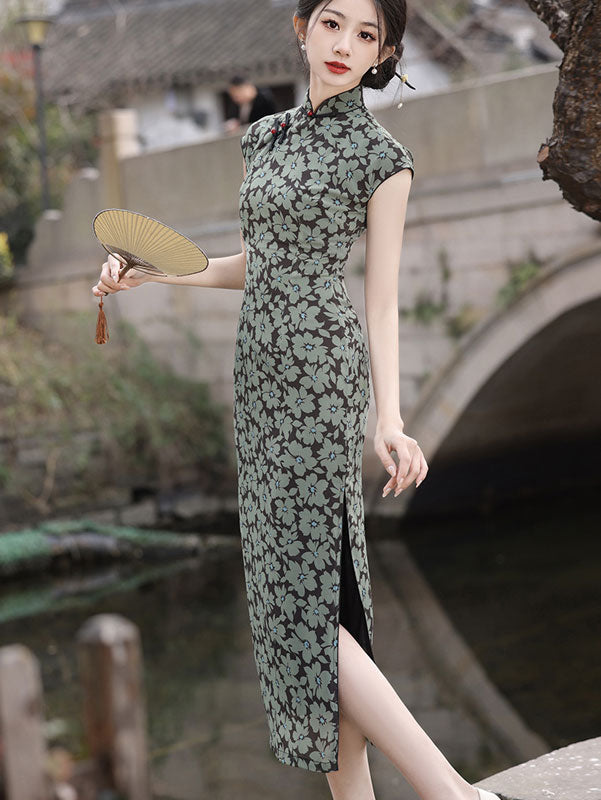 2024 Floral Print Cheongsam Qipao Dress