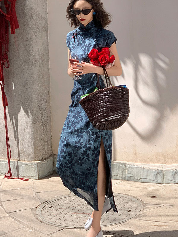 Blue Floral Print Long Cheongsam Qipao Dress