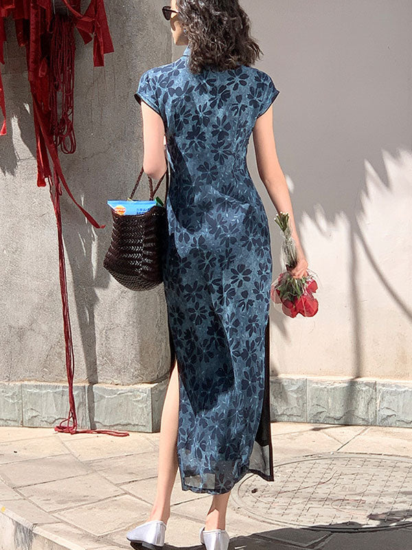 Blue Floral Print Long Cheongsam Qipao Dress