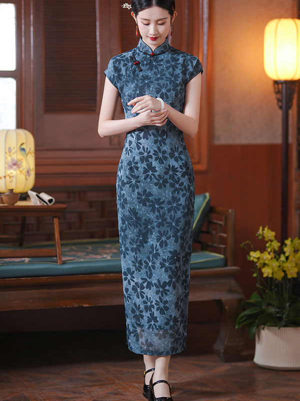 Blue Floral Print Long Cheongsam Qipao Dress