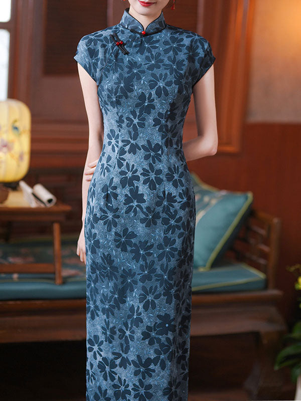 Blue Floral Print Long Cheongsam Qipao Dress