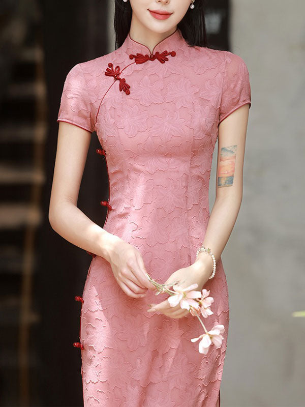 Pink Jacquard Floral Midi Cheongsam Qipao Dress