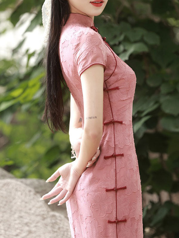 Pink Jacquard Floral Midi Cheongsam Qipao Dress
