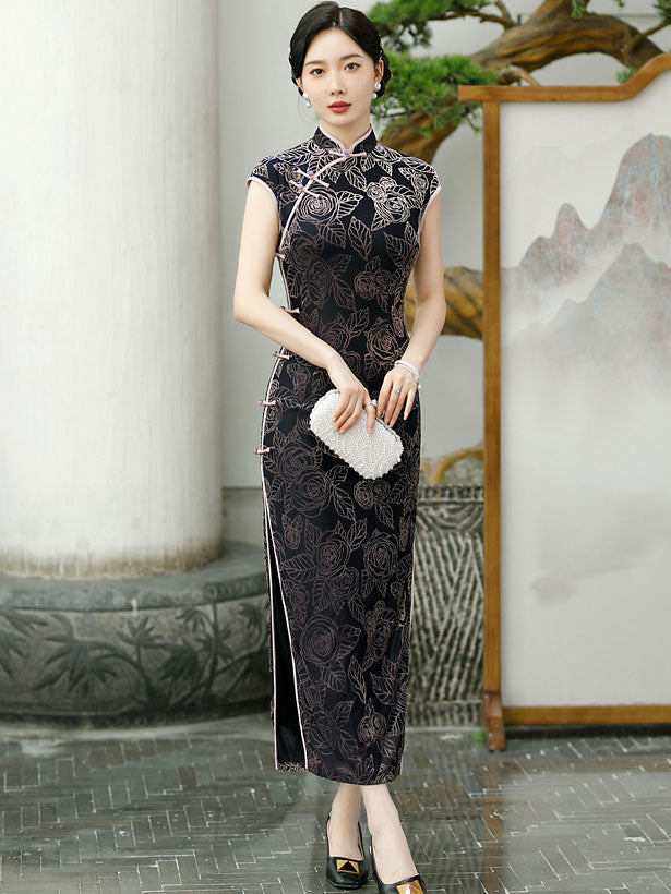 Black Floral Velvet Maxi Cheongsam Qipao Dress