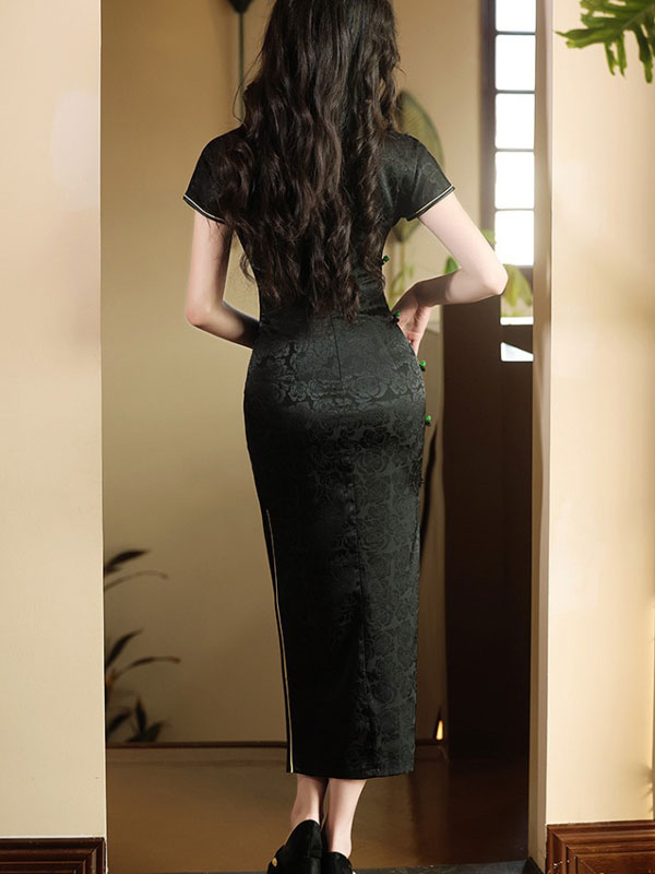 Black Jacquard Floral Long Cheongsam Qipao Dress