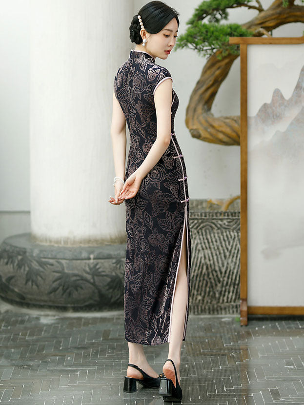 Black Floral Velvet Maxi Cheongsam Qipao Dress