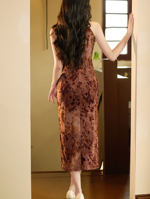 2024 Floral Halter Cheongsam Qipao Dress