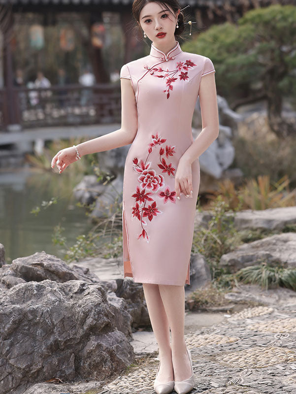 Green Pink Beaded Embroidered Cheongsam Qipao Dress