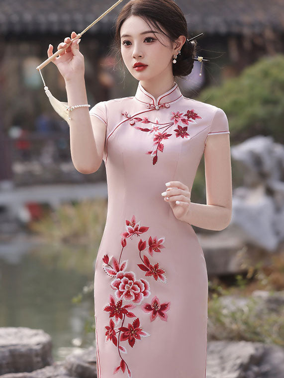 Green Pink Beaded Embroidered Cheongsam Qipao Dress