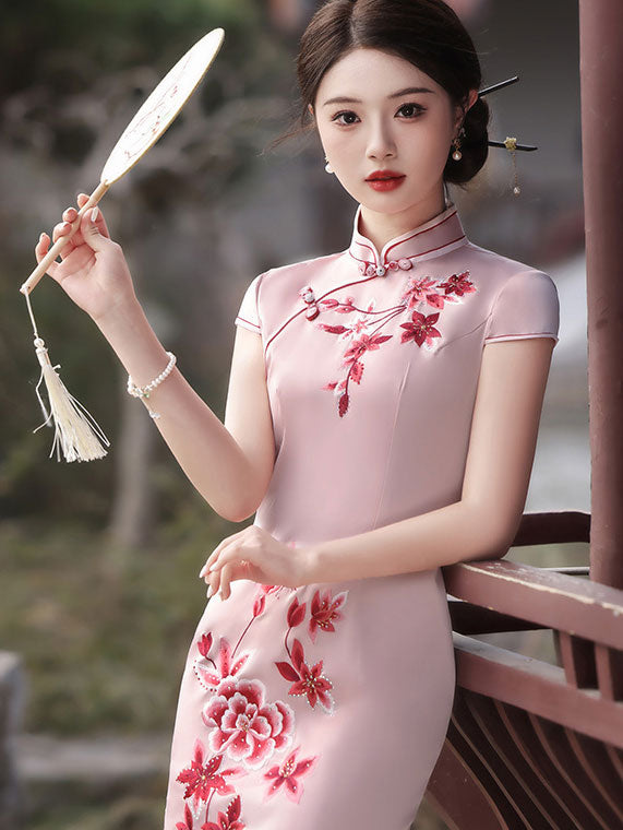 Green Pink Beaded Embroidered Cheongsam Qipao Dress
