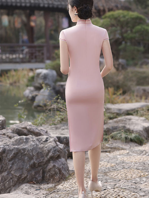 Green Pink Beaded Embroidered Cheongsam Qipao Dress