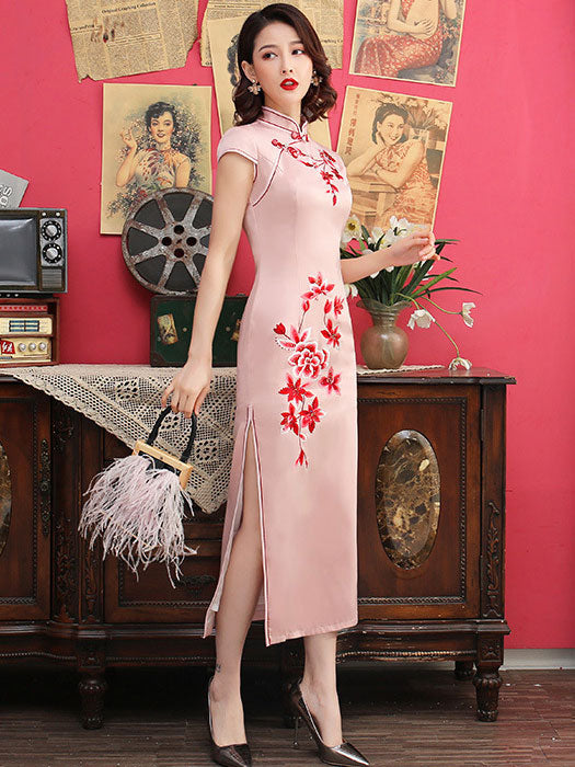 Pink Beaded Embroidered Long Cheongsam Qipao Dress
